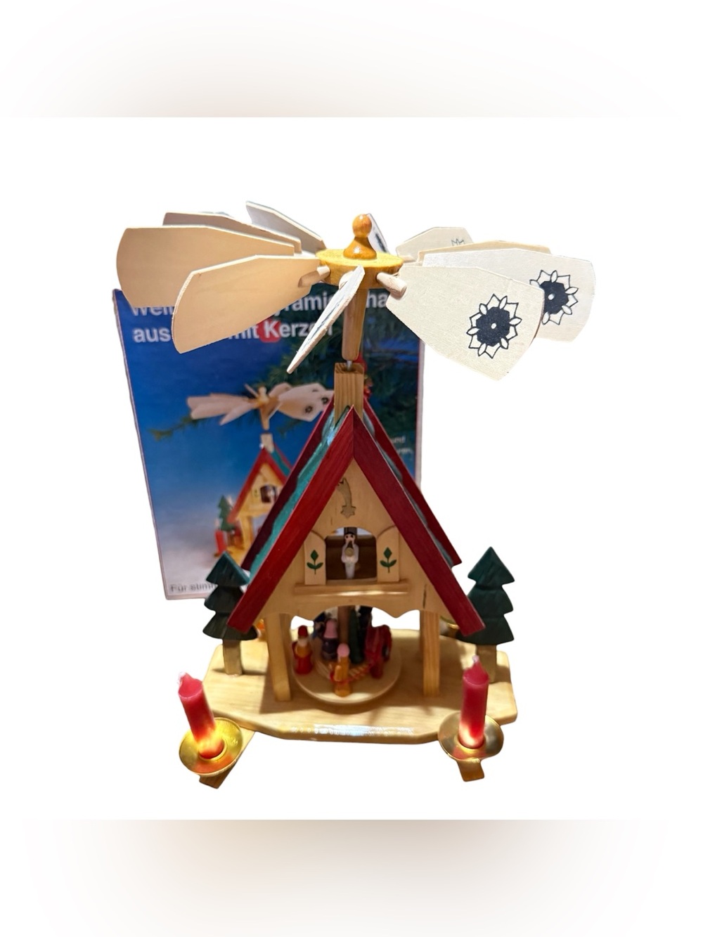 Vintage 12" Wood Alpine House Carousel with Candles Christmas Ornament Decor